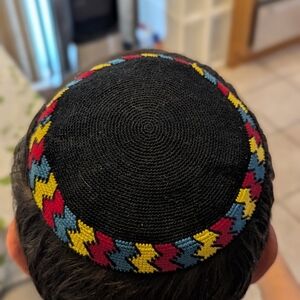 Colorful Black geometric Hand Crafted Kippah. Jewish. Made In Israel.